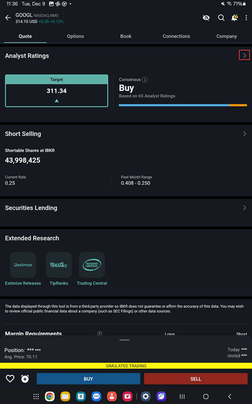 The analyst rating tab on the android tablet. 
